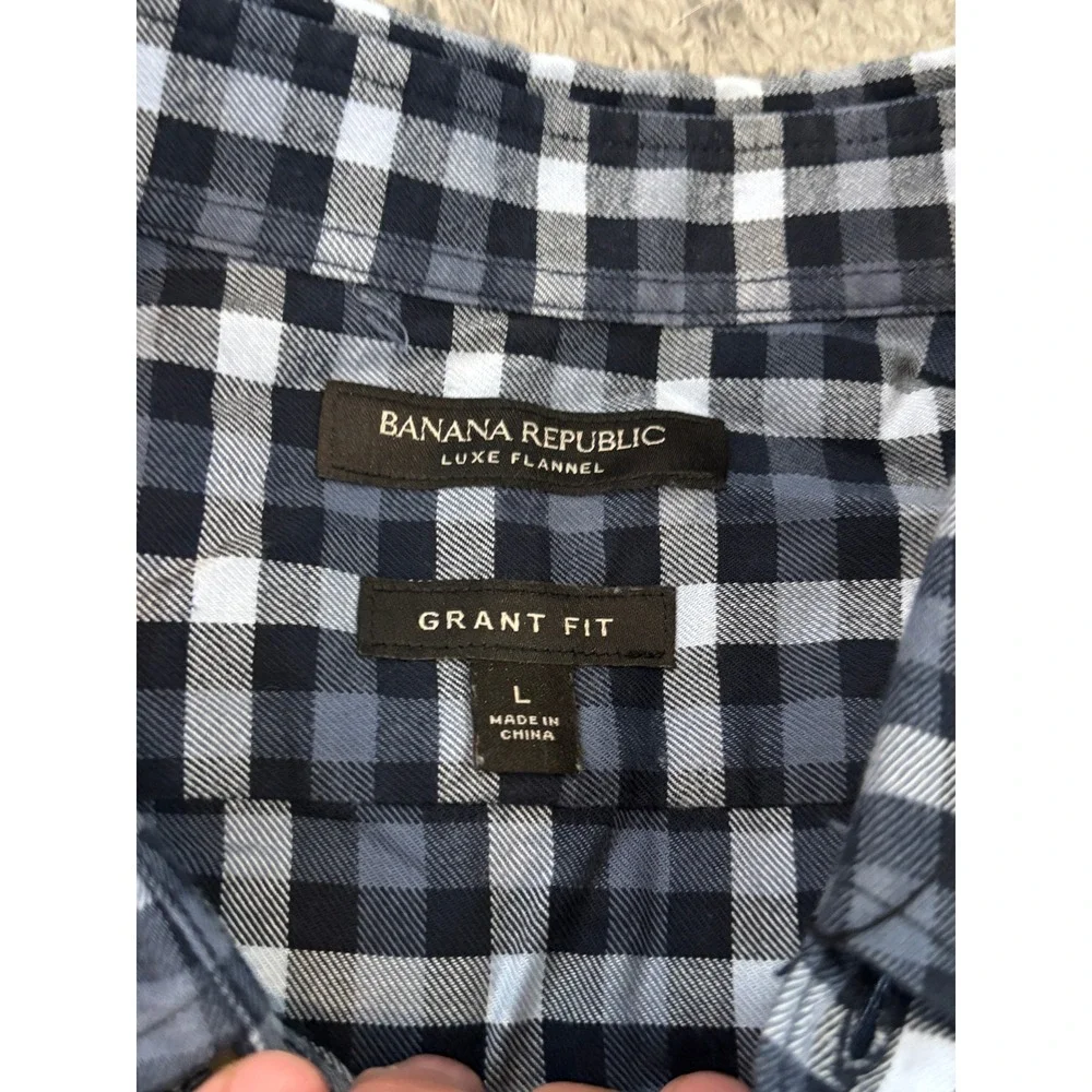 Banana Republic Luxe Flannel Shirt Mens Large Grant Fit Blue Black Plaid Cotton